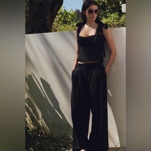 ZARA Black S Multi-pleat Eyelet Embroidered Linen Blend Trousers NWT